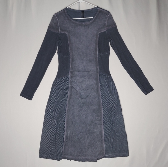 Oizini Dress Medium Women Blue Long Sleeve Mixed Print Lagenlook Gauzy Corduroy